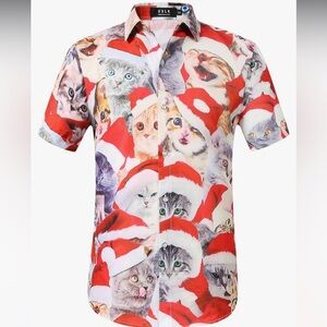 SSLR Christmas Santa Holiday Party Cat Short Sleeve Button Up Shirt | Size Small